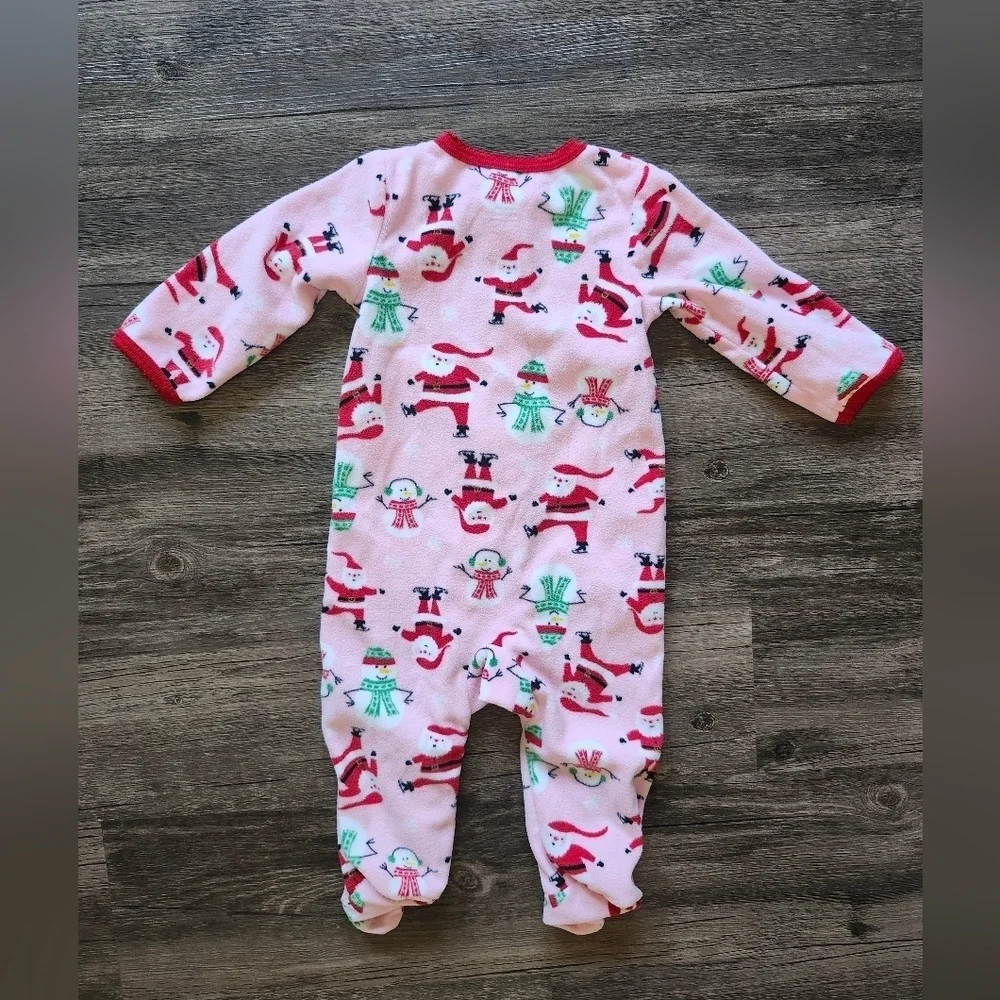 Carter's 6 Month Fleece Pink Holiday Santa Snowman Pajama Bodysuit